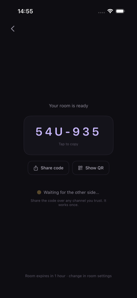 Sotvo's room-ready screen on iOS: a one-time code above a waiting-for-the-other-side line, with no account behind it.